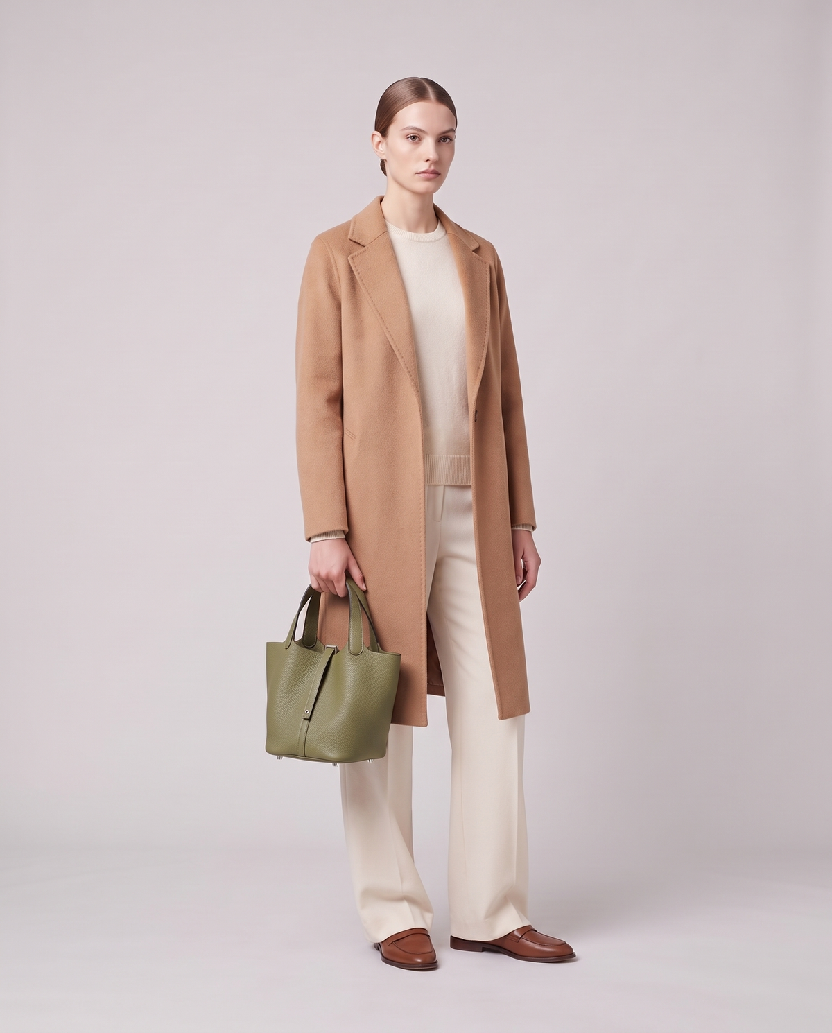 Model holding the Valentina Ostuni Small bag in Sage, full length