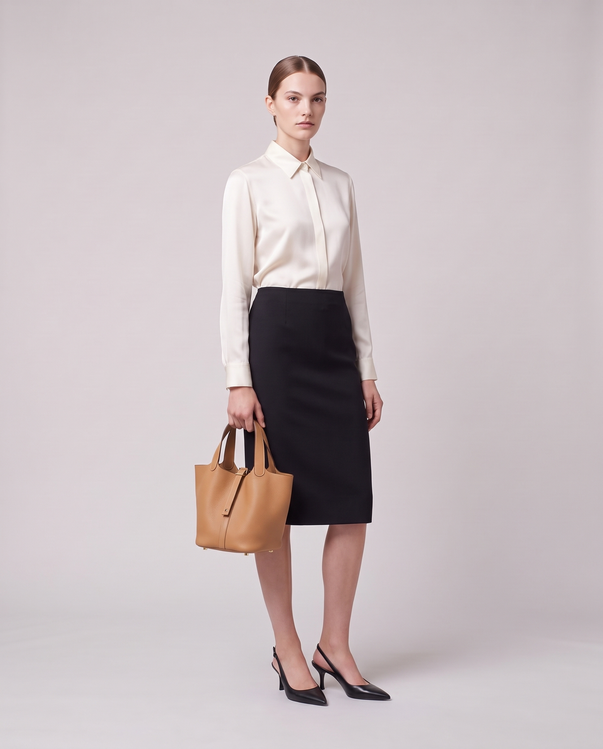 Model holding the Valentina Ostuni Small bag in Tan, full length