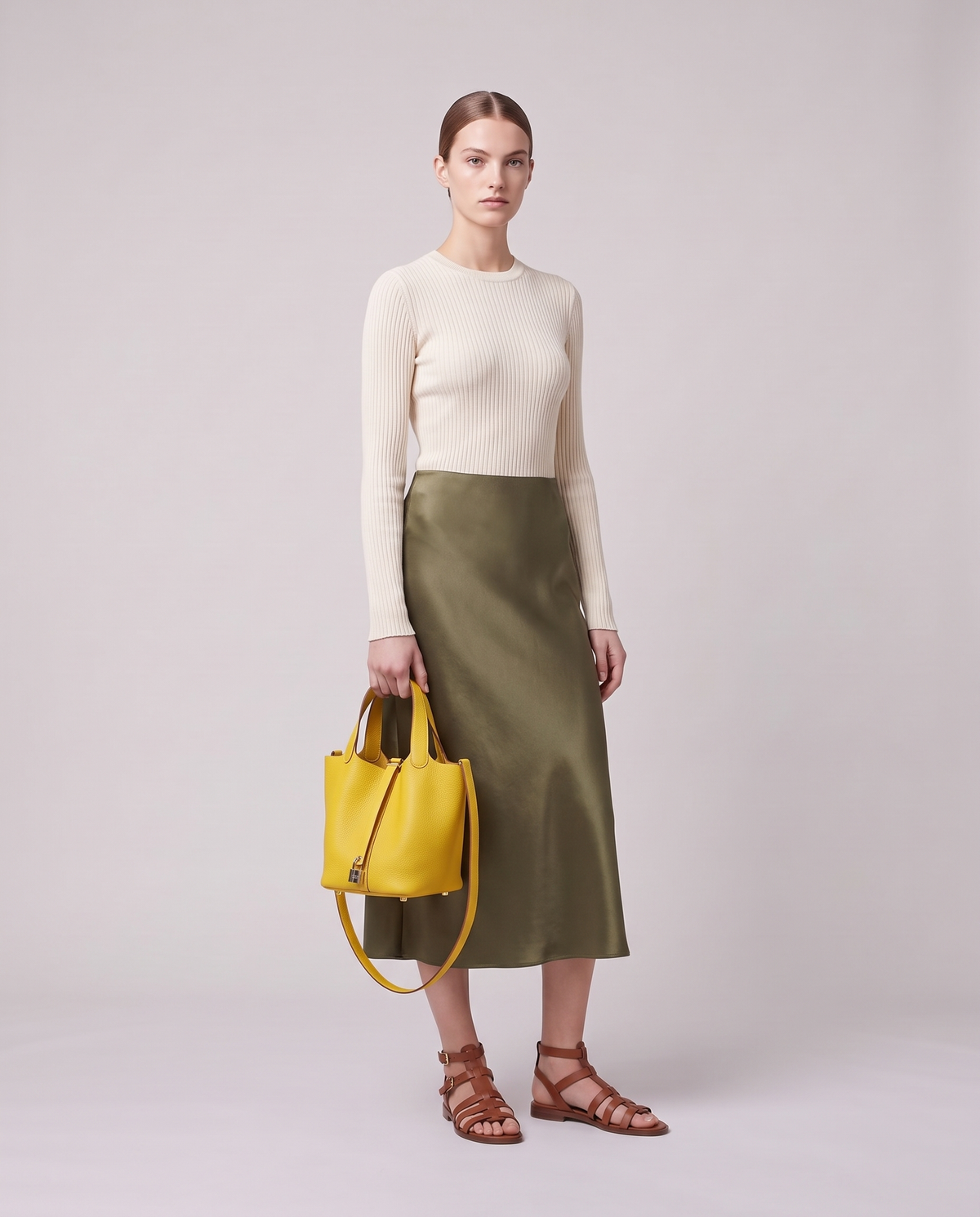 Model holding the Valentina Ostuni Small bag in Yellow, full length