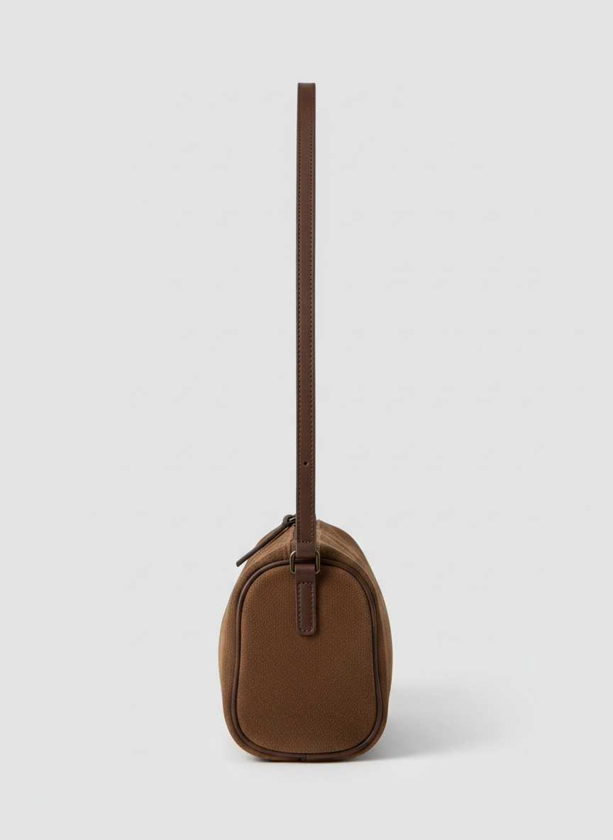 Valentina Roma barrel bag in chocolate suede, side view