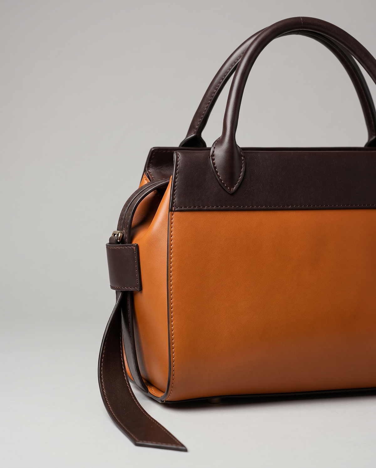 Patina two-tone leather handbag in Brown – close-up of the top handle, top band and side tassel